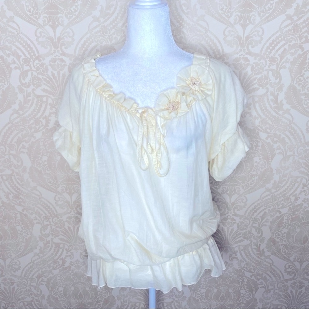 Hazel Ruffle/Flower Neck Peasant Blouse